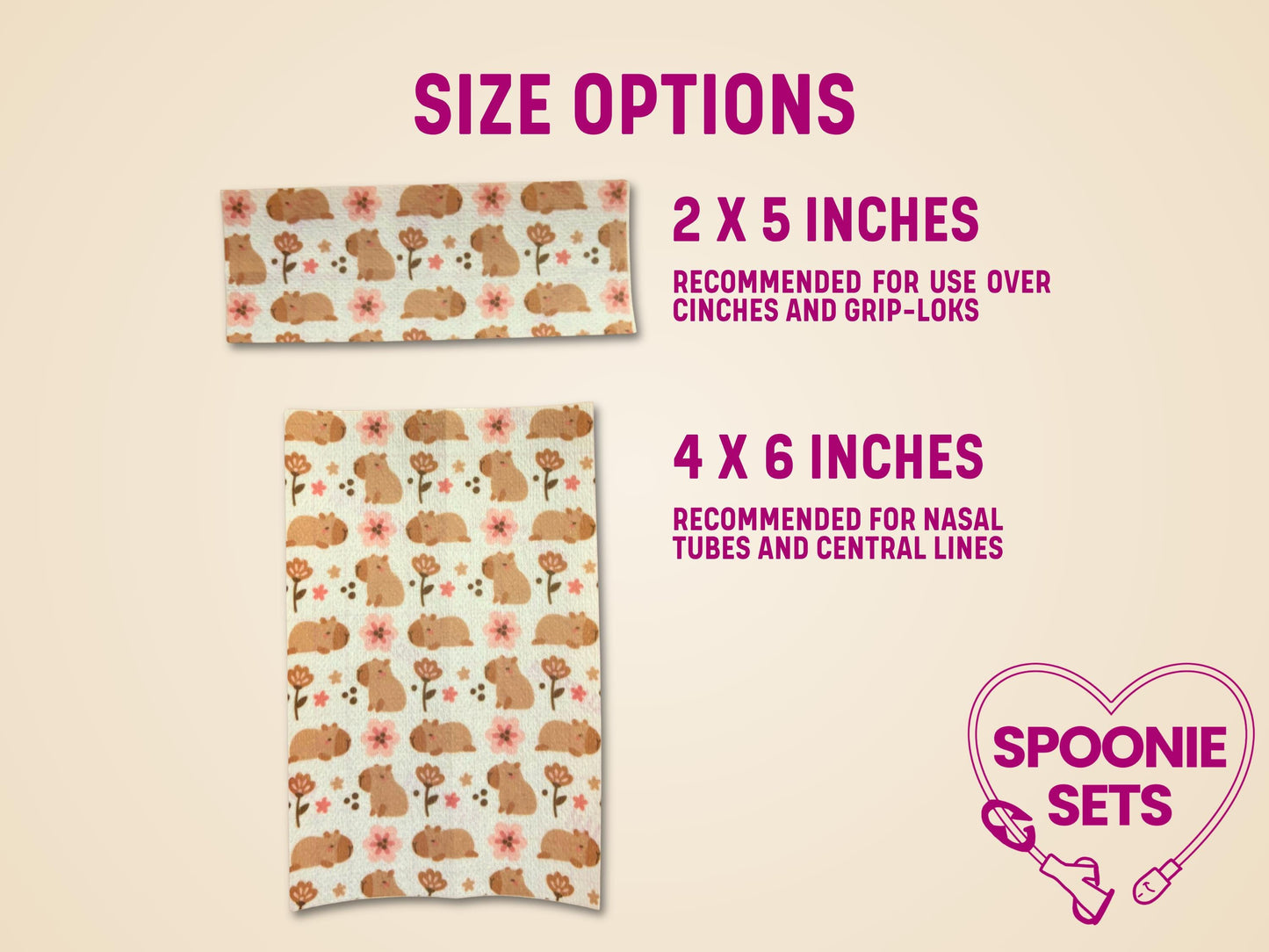 Two sizes of Hypafix tubie tape with a cute capybara and pink floral pattern.