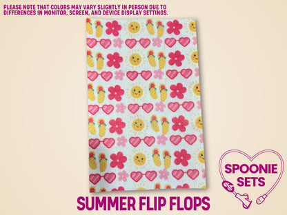 Summer Collection Tubie Tape with pink hearts, yellow suns, pink flowers, and yellow flip-flops on Hypafix tape.