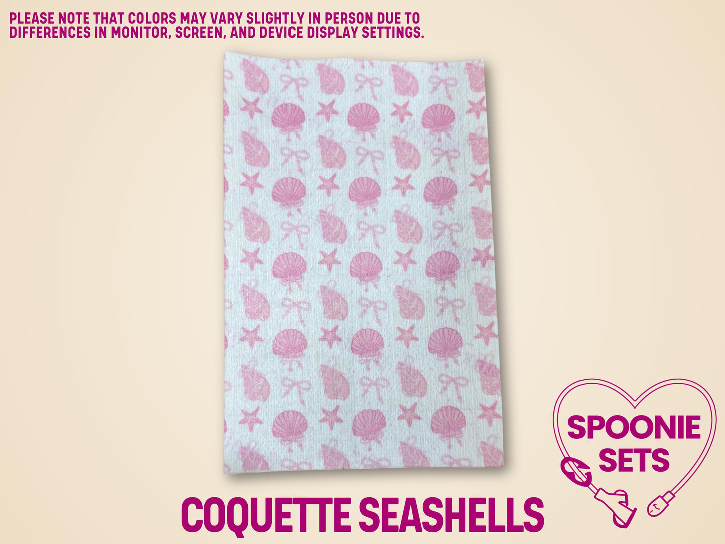 Pink Hypafix tubie tape sheet with a repeating pattern of seashells and bows.