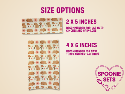 Two patterned tubie tapes with size options and Spoonie Sets branding on a beige background.