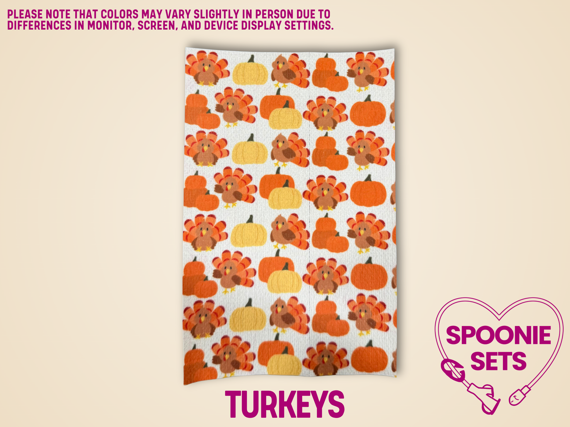 Thanksgiving tubie tape with orange turkeys and yellow pumpkins on white Hypafix, available in 2x5 and 4x6 inch sheets.