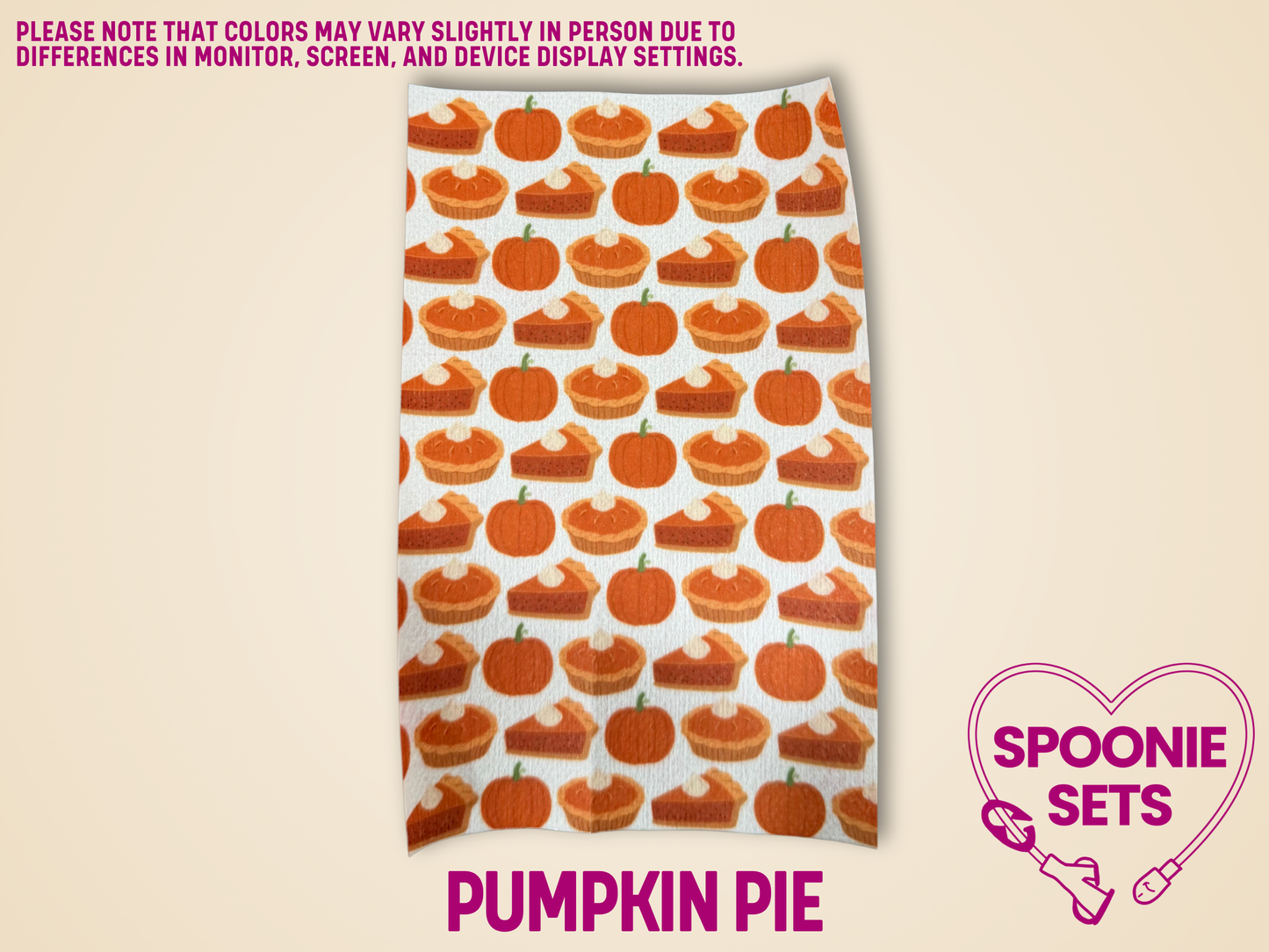 Tubie tape with pumpkin pie pattern on a beige background, featuring the brand 'Spoonie Sets'.
