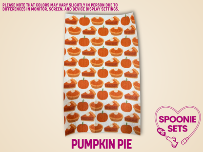Tubie tape with pumpkin pie pattern on a beige background, featuring the brand 'Spoonie Sets'.