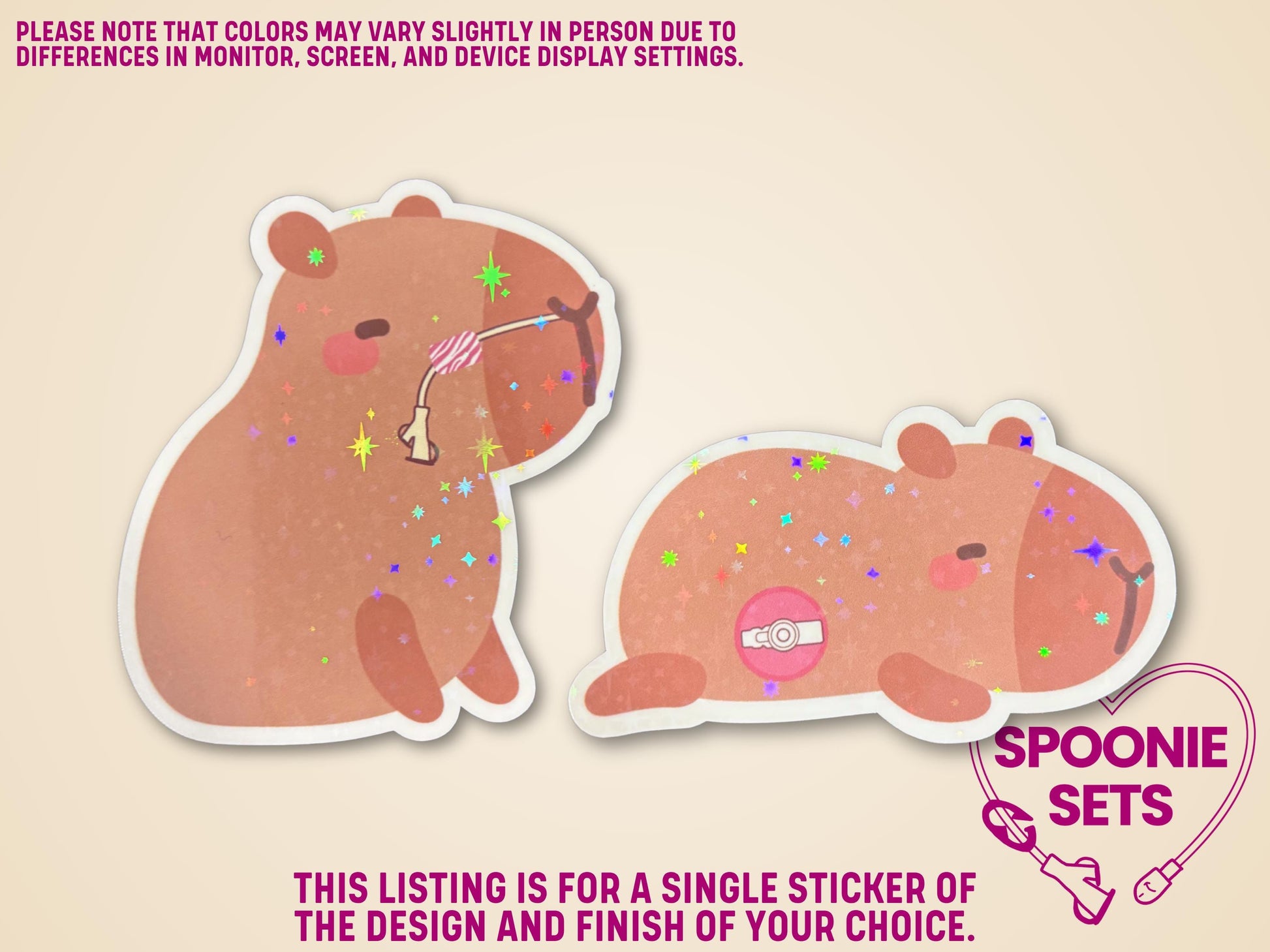 Two holographic glitter laminate capybara stickers with feeding tubes: one standing with an NG/NJ tube, one lying with a G/GJ/J tube.