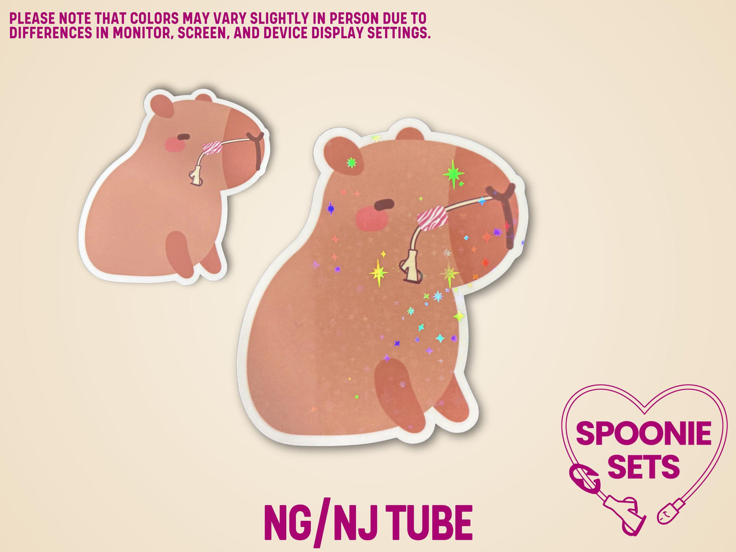 Two matte capybara stickers with feeding tubes, one with glossy laminate, one with holographic glitter.