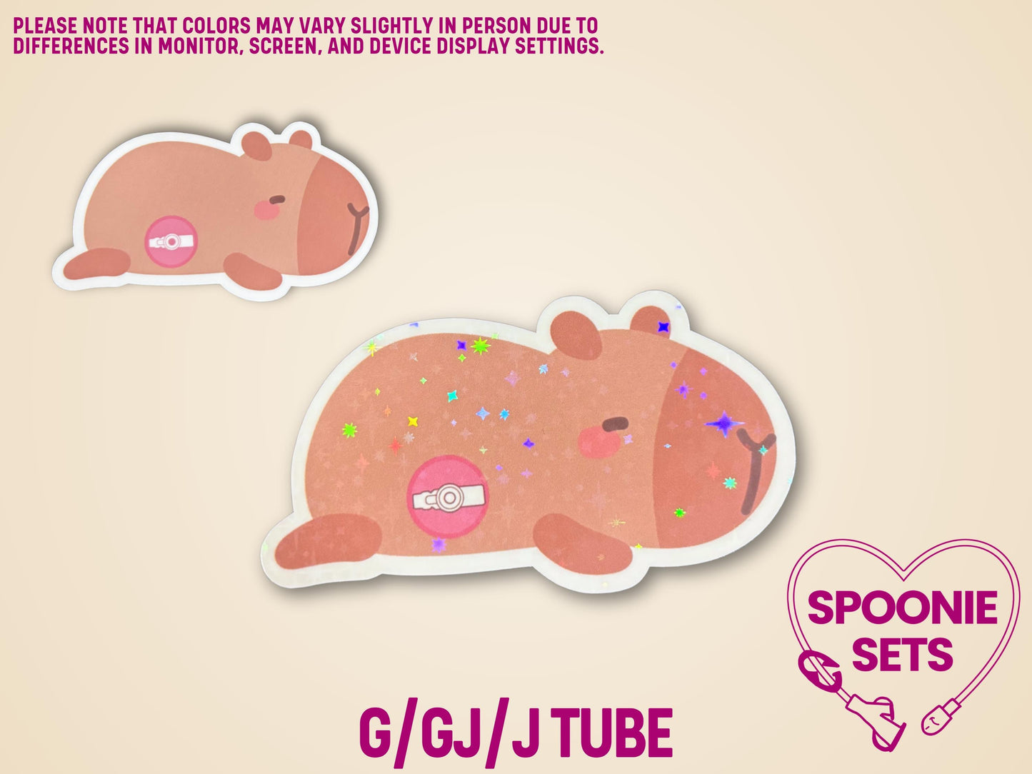 Two matte capybara stickers with feeding tubes; one small with glossy laminate, one large with holographic glitter.
