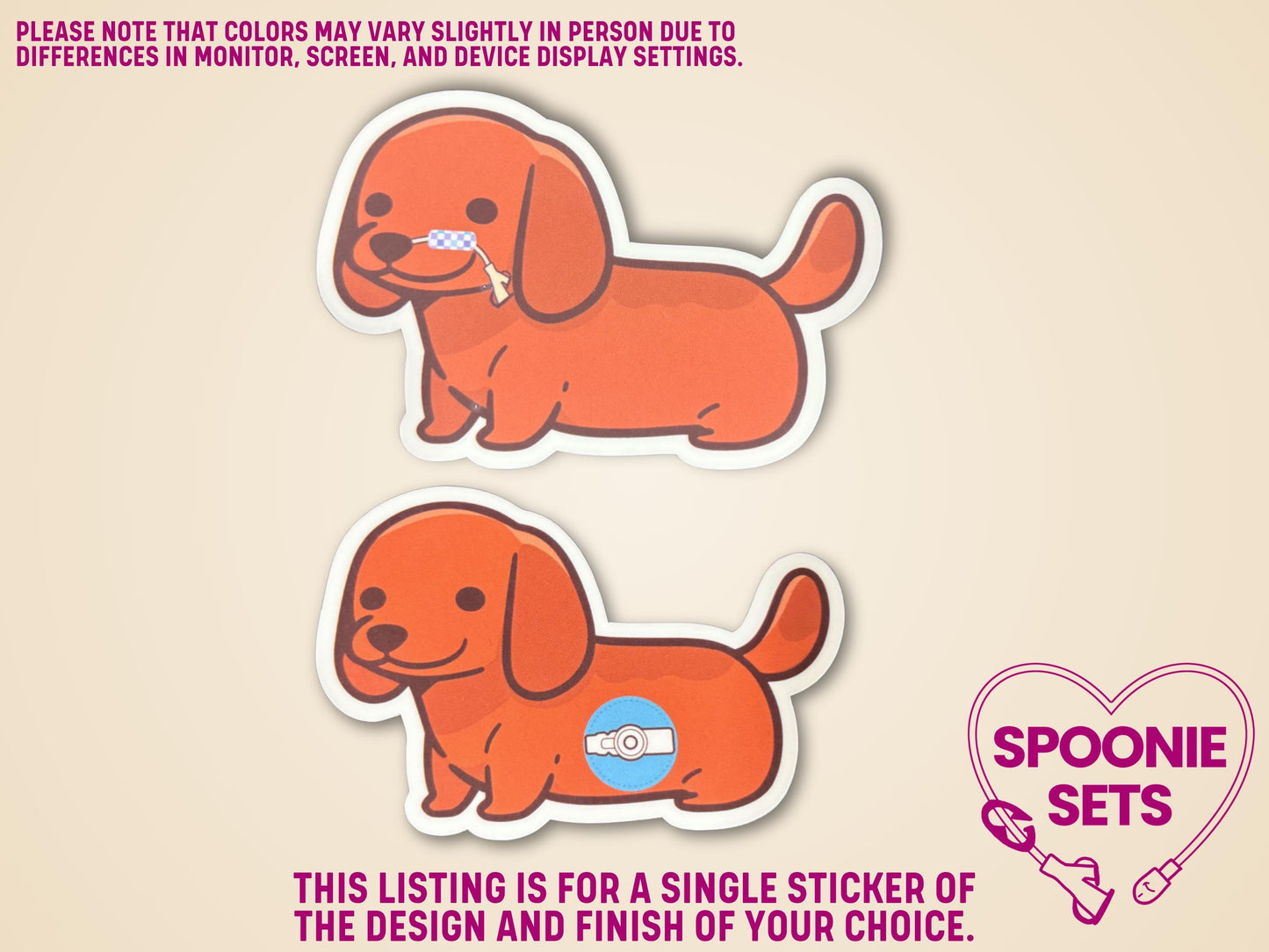 Two orange dachshund dog stickers. Top sticker has a feeding tube on its snout. Bottom sticker has a blue feeding port on its side.