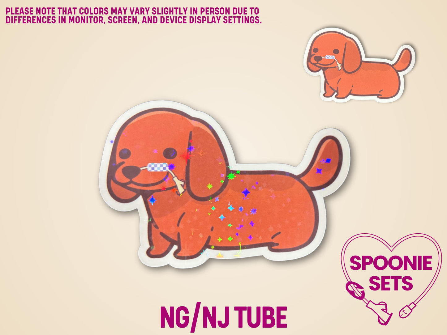 Cute orange dachshund sticker with a feeding tube, available in glossy or holographic glitter laminate.