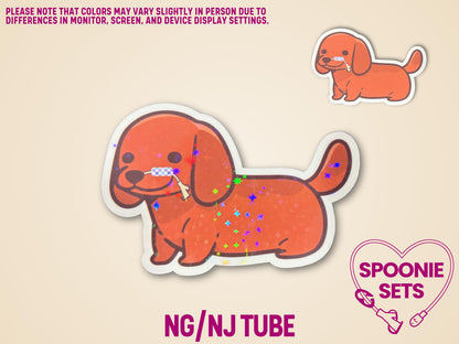 Cute orange dachshund sticker with a feeding tube, available in glossy or holographic glitter laminate.