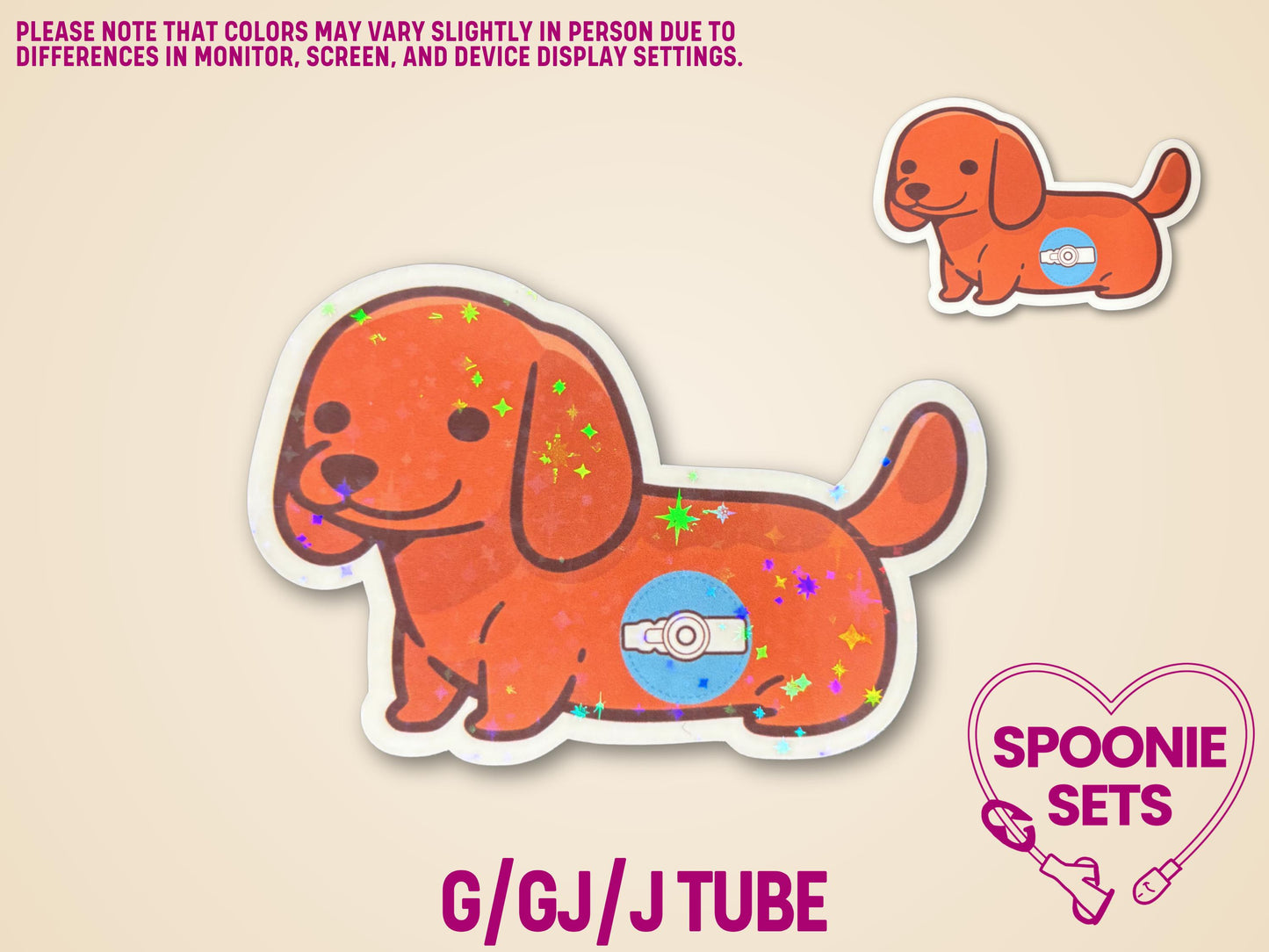 Orange dachshund sticker with a feeding tube, holographic glitter, and white border.