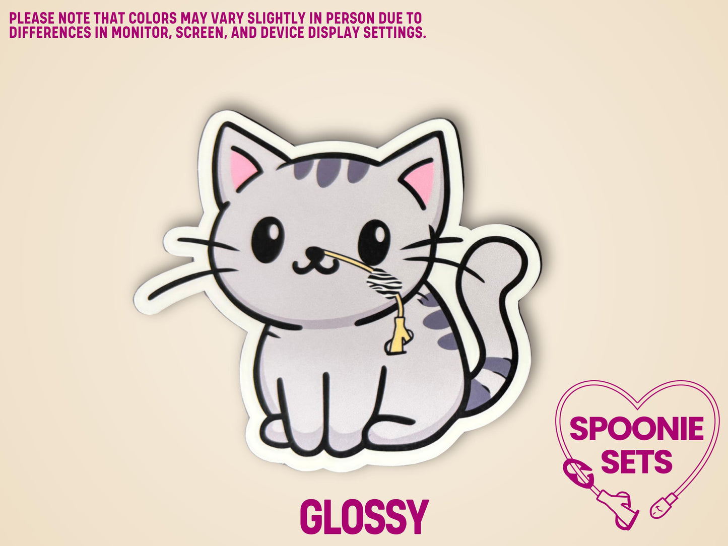 Cute gray tabby cat sticker with a nasal feeding tube, 3" wide, glossy finish.