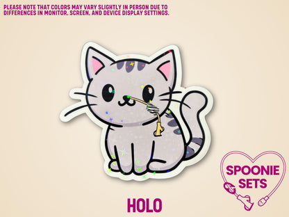 Holographic glitter sticker of a cute gray tabby cat with a nasal feeding tube, 3"x2.8".