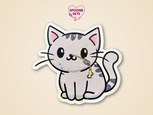 Holographic glitter sticker of a cute gray tabby cat with a nasal feeding tube.