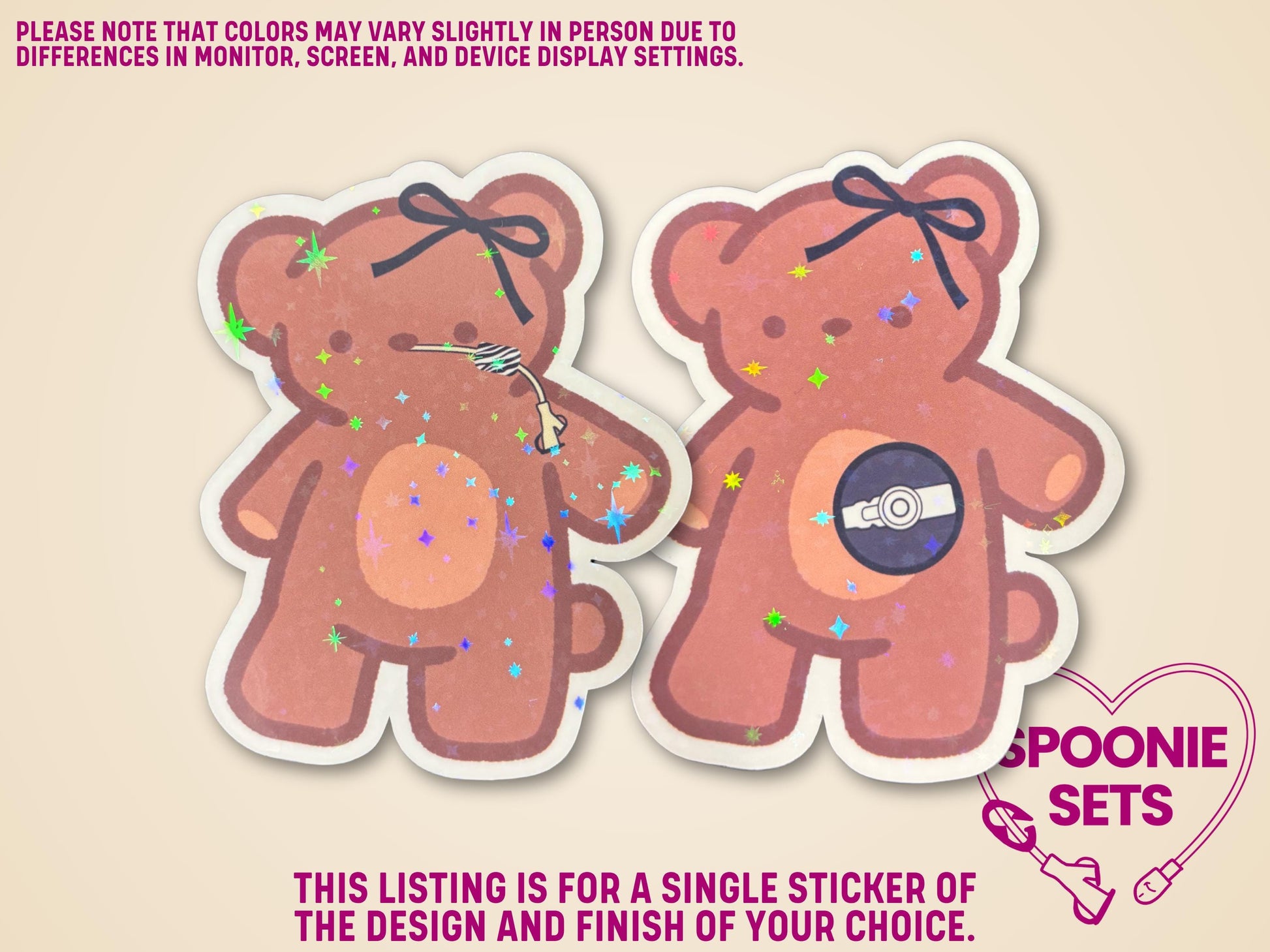 Holographic glitter sticker of two brown teddy bears, one with a feeding tube, the other with a port.