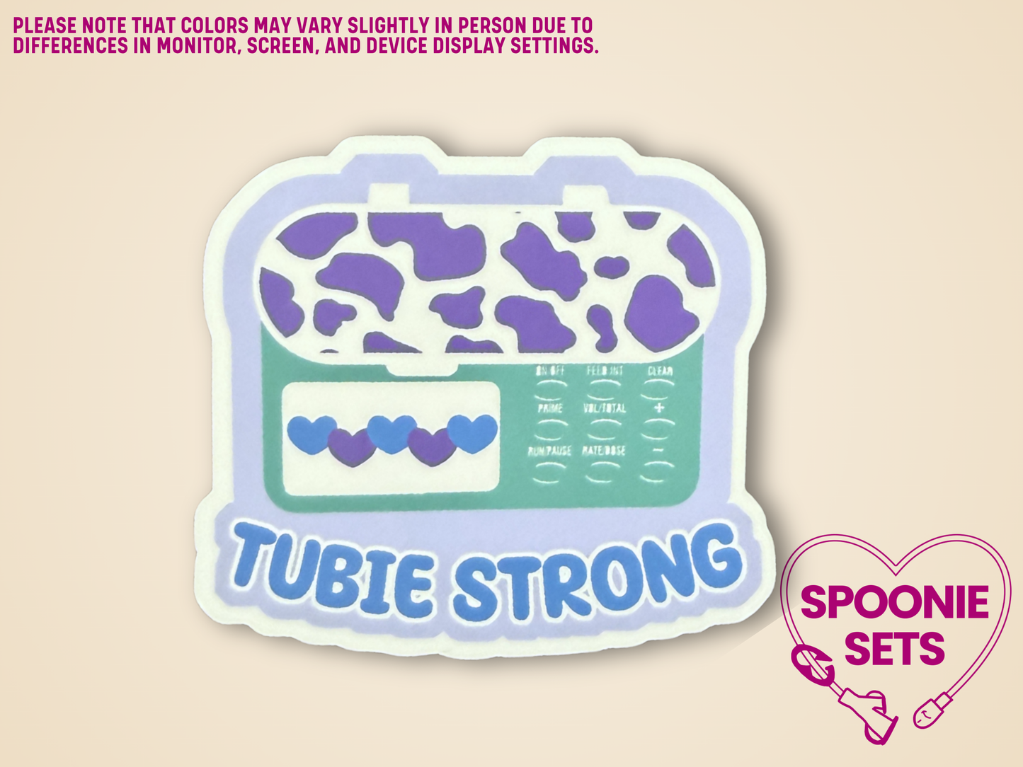 Sticker of a green and purple glossy feeding tube pump sticker with the text "Tubie Strong"