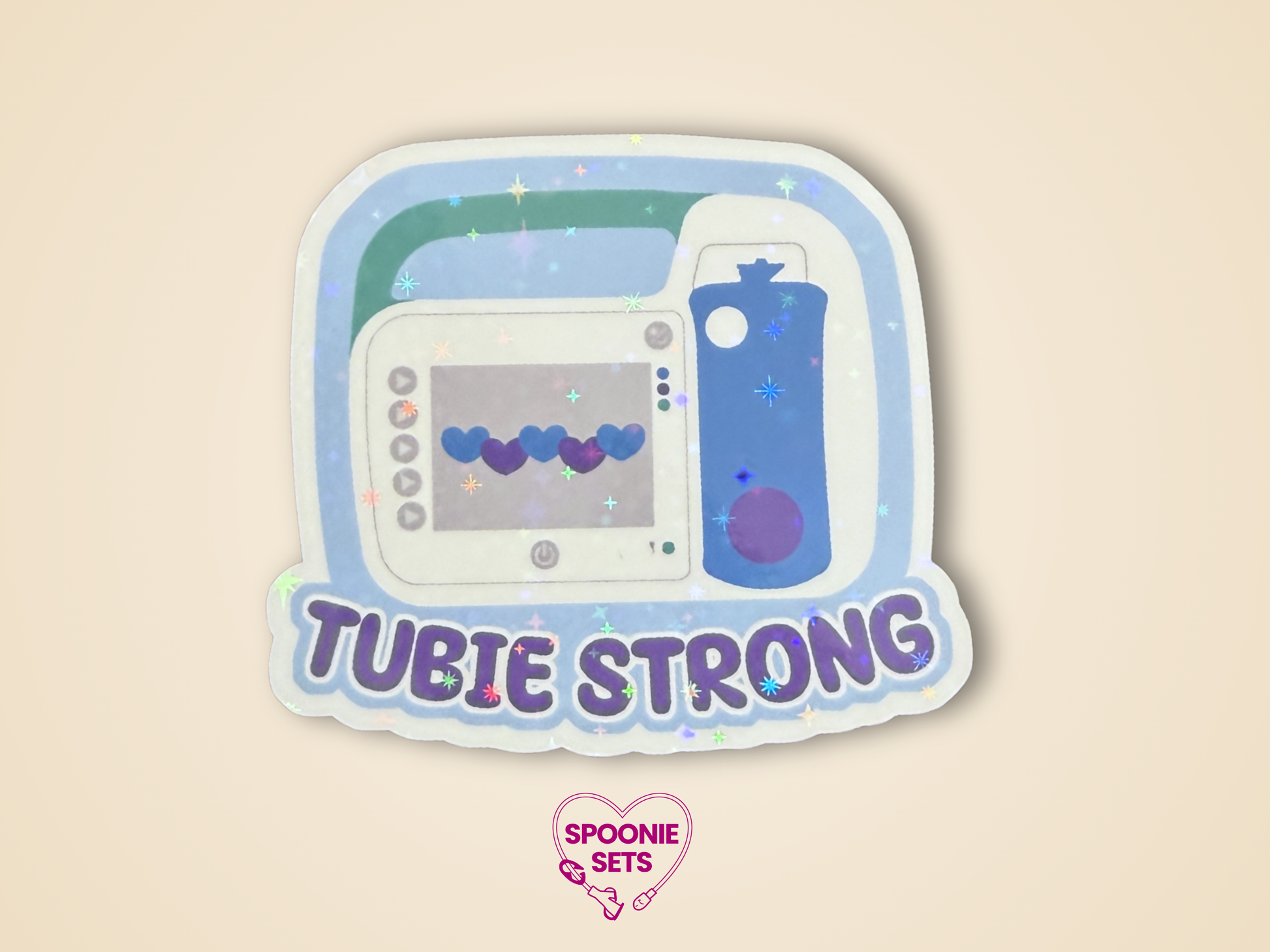 Sticker with a white, blue, and green feeding tube pump and 'Tubie Strong' text
