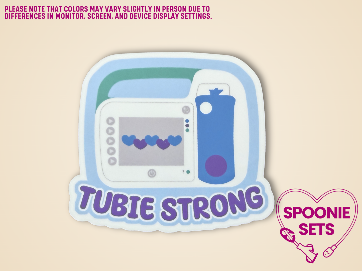 Glossy sticker with 'Tubie Strong' text and a green, white, and blue feeding tube pump.