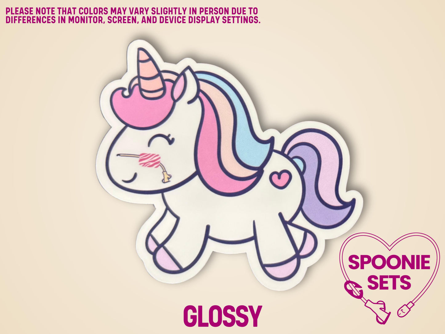 White unicorn sticker with pink, purple, and blue mane/tail, a striped horn, and a nasal feeding tube.