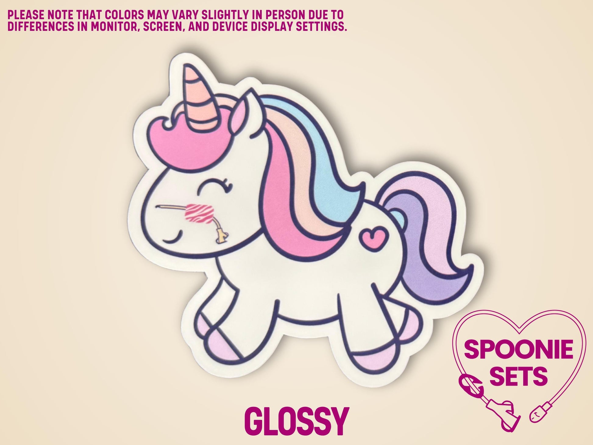 White unicorn sticker with pink, purple, and blue mane/tail, a striped horn, and a nasal feeding tube.