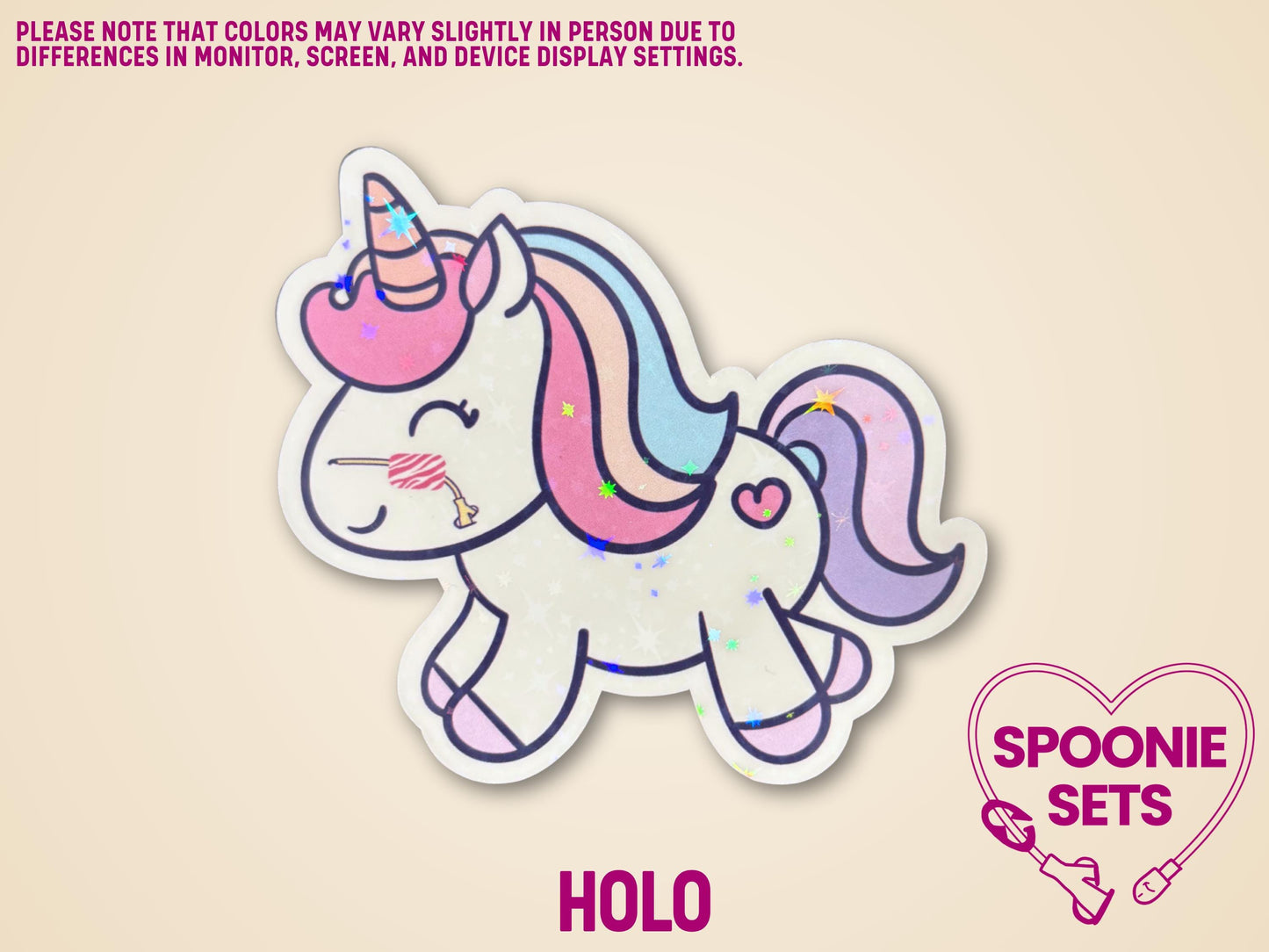 Holographic unicorn sticker with a nasal feeding tube, pink mane, and glitter laminate finish.