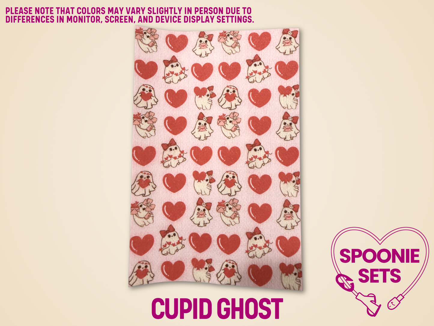 Valentine's Day tubie tape sheet with rows of red hearts and cute white ghost figures with pink bows.