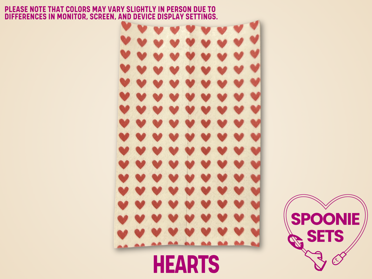 Valentine's Day tubie tape sheet with a pattern of small red hearts on white Hypafix tape.