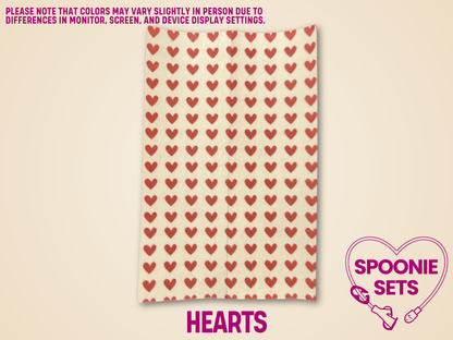 Valentine's Day tubie tape sheet with a pattern of small red hearts on white Hypafix tape.