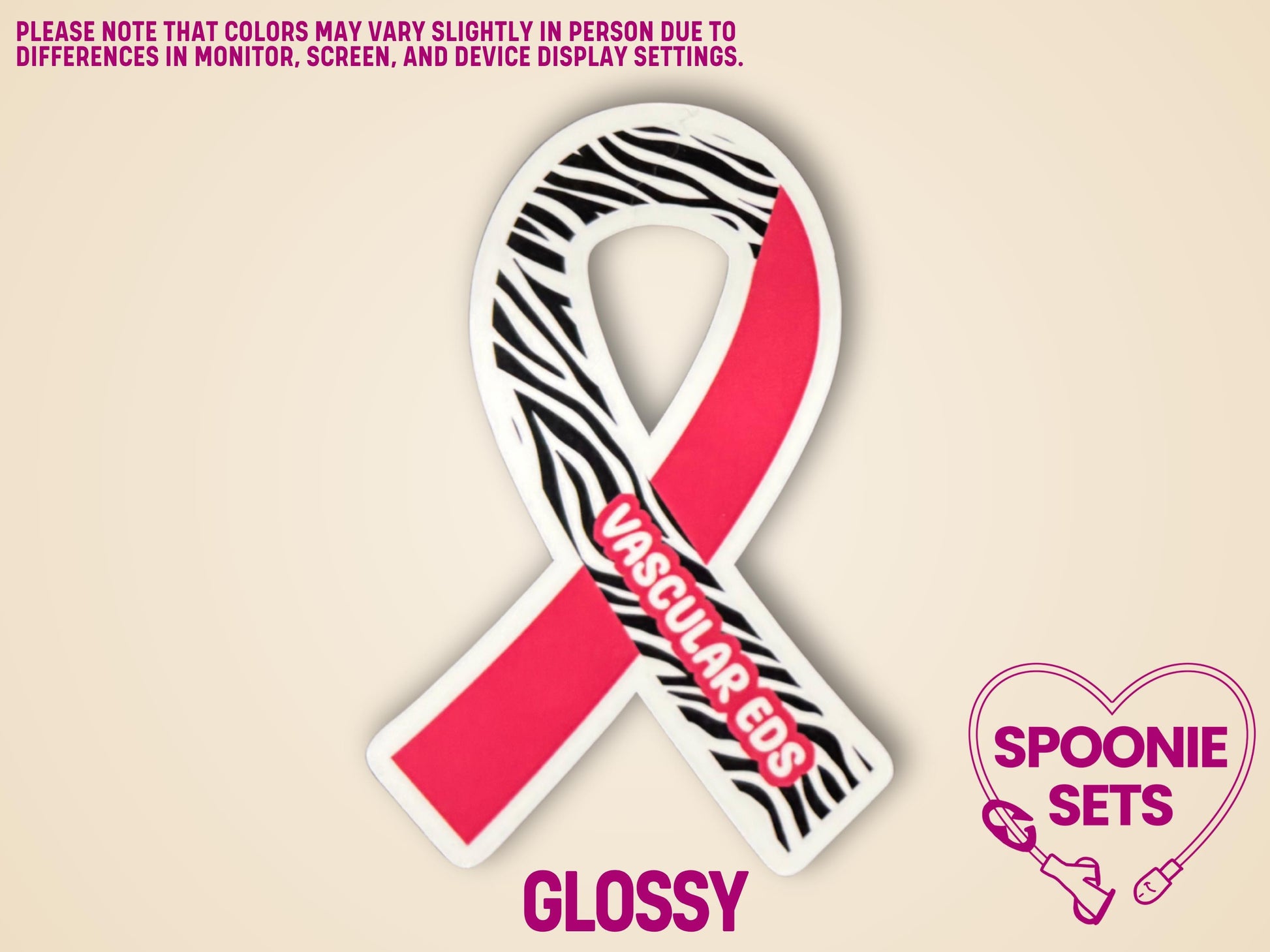 Red and zebra print awareness ribbon sticker with "Vascular EDS" text, 2"x3", glossy finish.