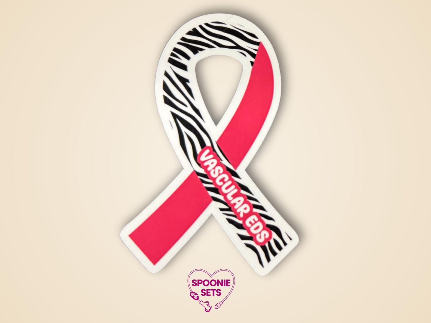 Red and zebra print awareness ribbon sticker with "Vascular EDS" text, 2"x3" matte finish.