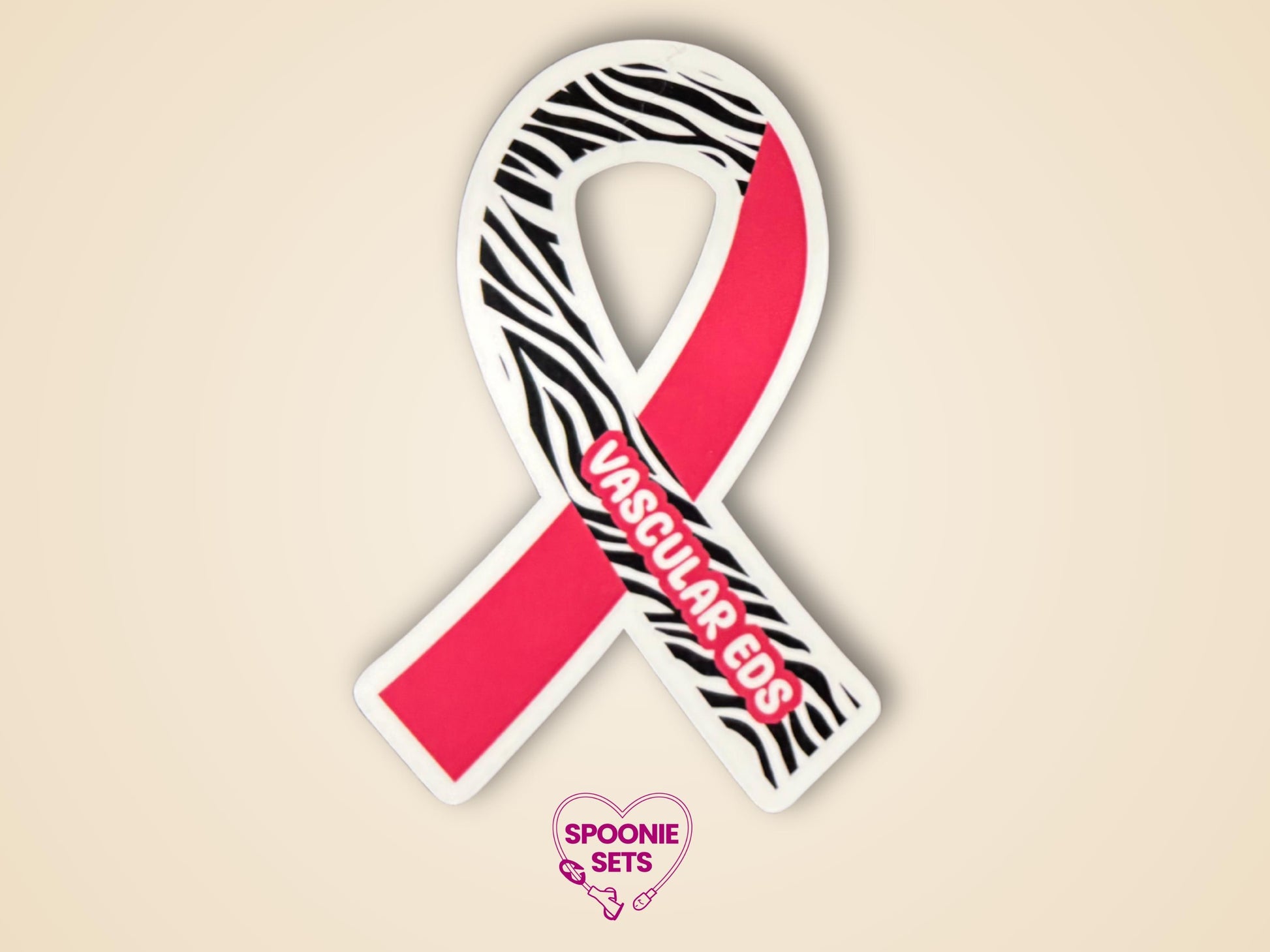 Red and zebra print awareness ribbon sticker with "Vascular EDS" text, 2"x3" matte finish.