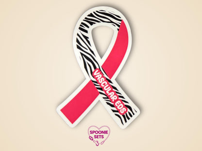 Red and zebra print awareness ribbon sticker with "Vascular EDS" text, 2"x3" matte finish.