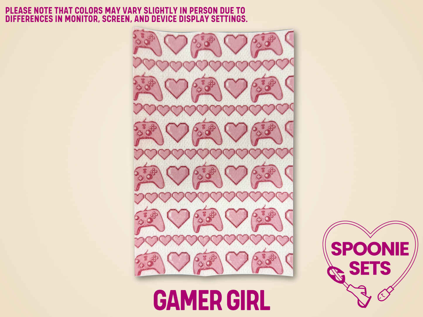 White Hypafix tubie tape with rows of pink video game controllers and hearts.