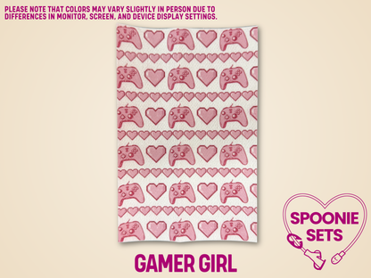 White Hypafix tubie tape with rows of pink video game controllers and hearts.