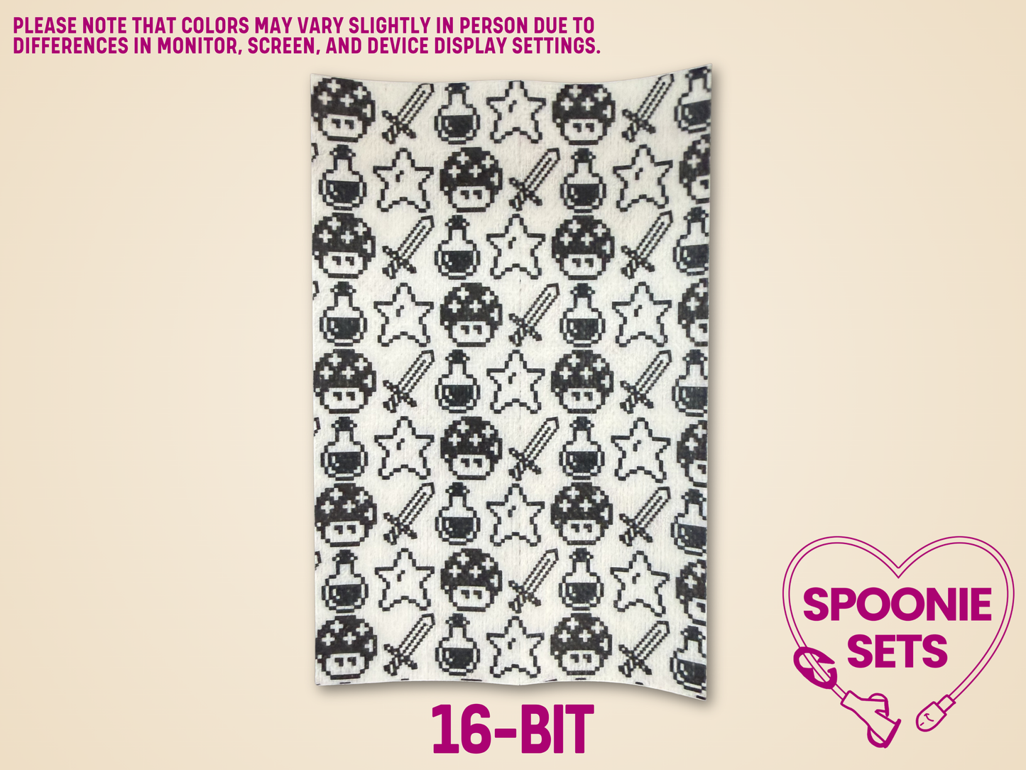 White tubie tape with black 16-bit pixel art stars, mushrooms, swords, and potions.