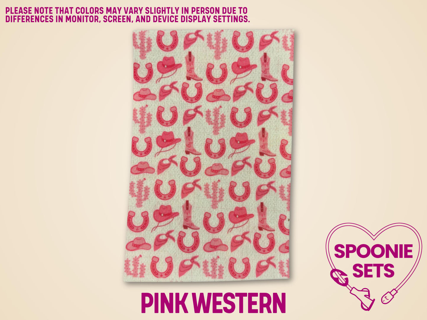 Pink Western Tubie Tape with cowgirl hats, boots, and horseshoes on a light background.