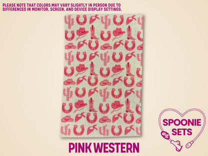 Pink Western Tubie Tape with cowgirl hats, boots, and horseshoes on a light background.