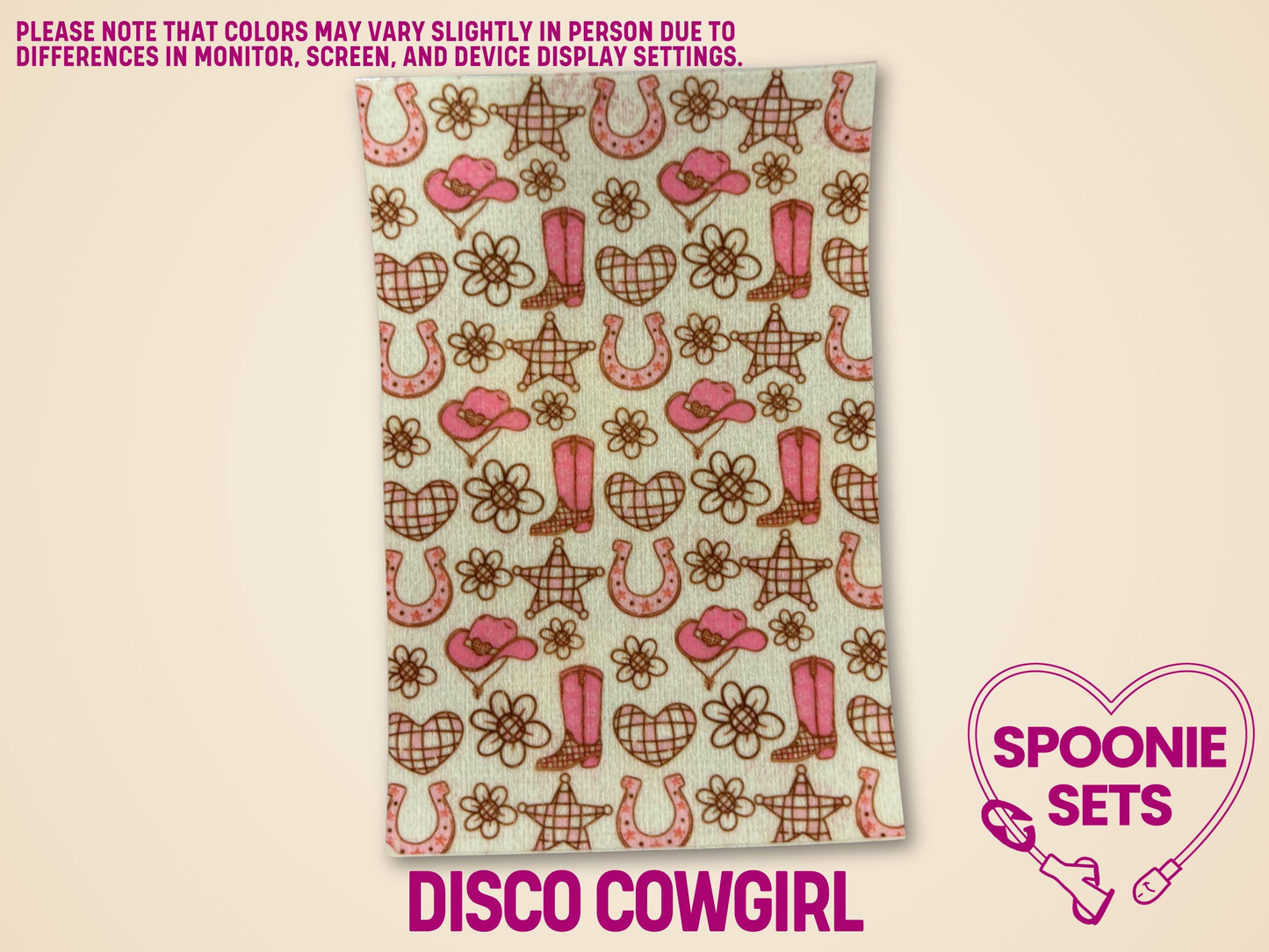 Pink cowgirl and horses Western Tubie Tape sheet with boots, hats, horseshoes, and stars.