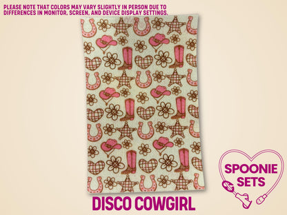 Pink cowgirl and horses Western Tubie Tape sheet with boots, hats, horseshoes, and stars.