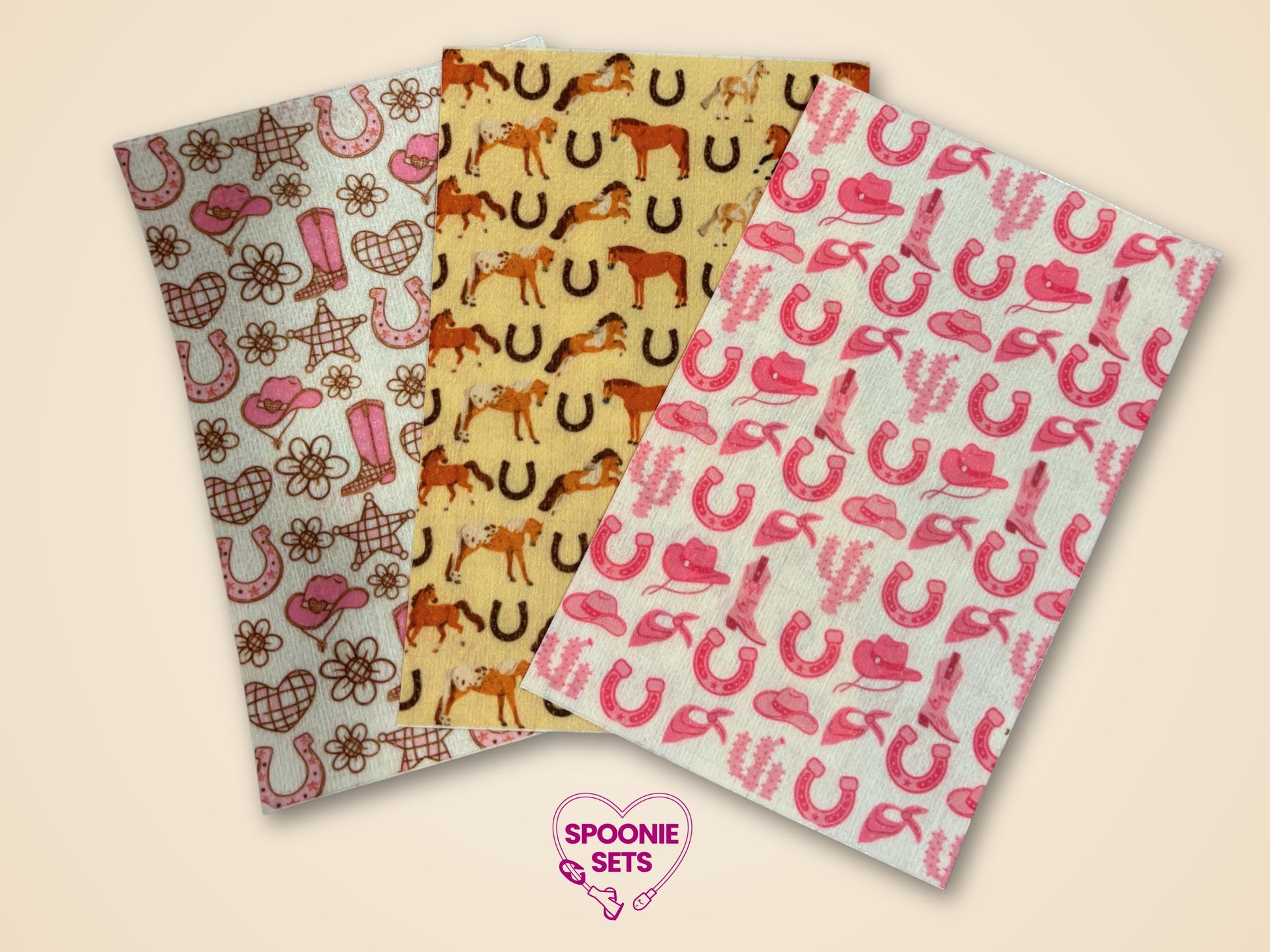 Three sheets of Western Tubie Tape: pink cowgirl, horses, and horseshoe patterns on Hypafix tape.