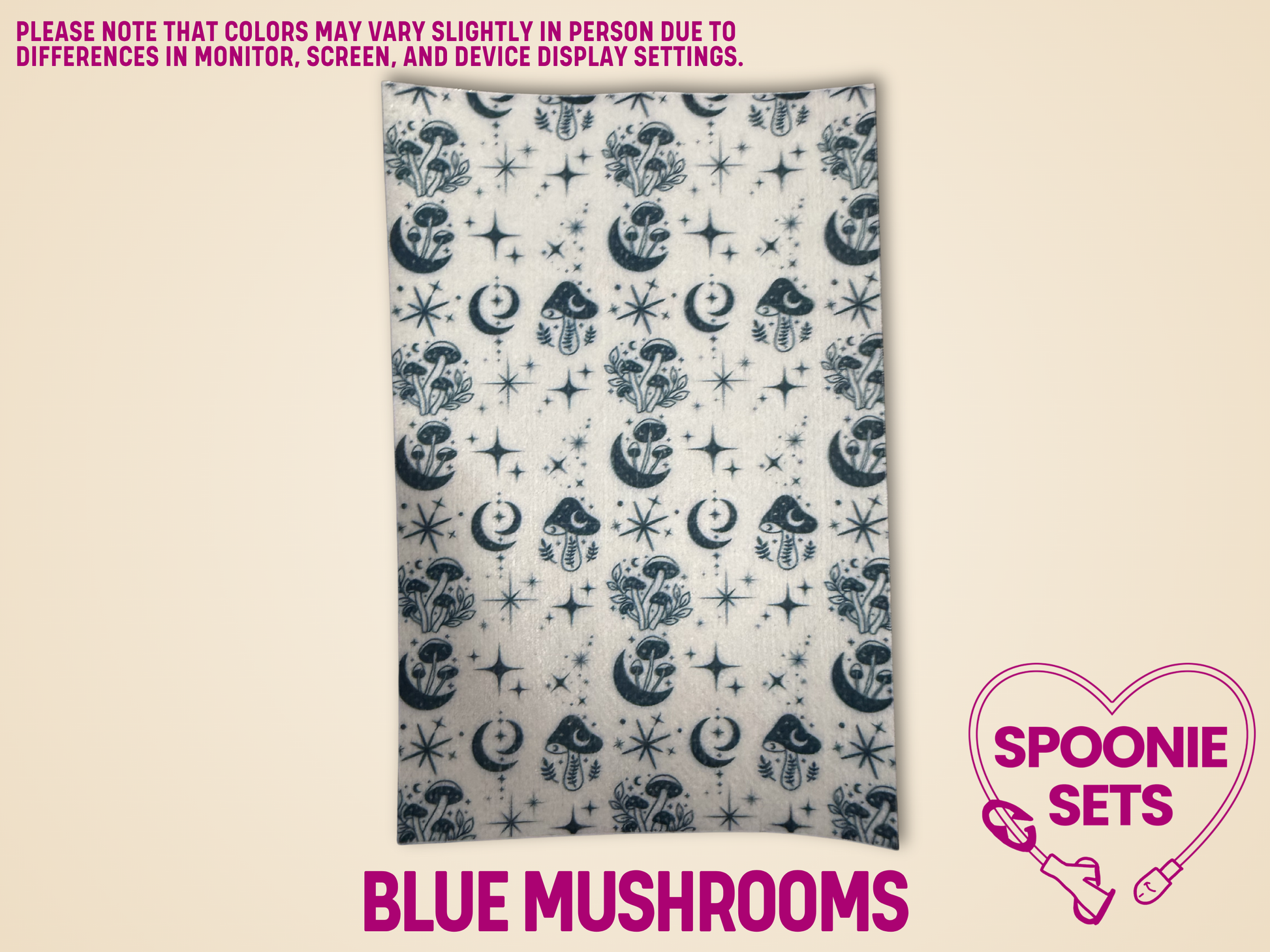 Hypafix tubie tape sheet with a blue mushroom, moon, and star pattern.