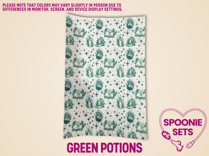 White Hypafix tubie tape sheet with teal green potions, spell books, and stars pattern.