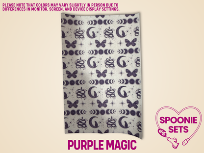 Purple Magic Witchy Tubie Tape: Hypafix sheet with moons, snakes, and butterflies.