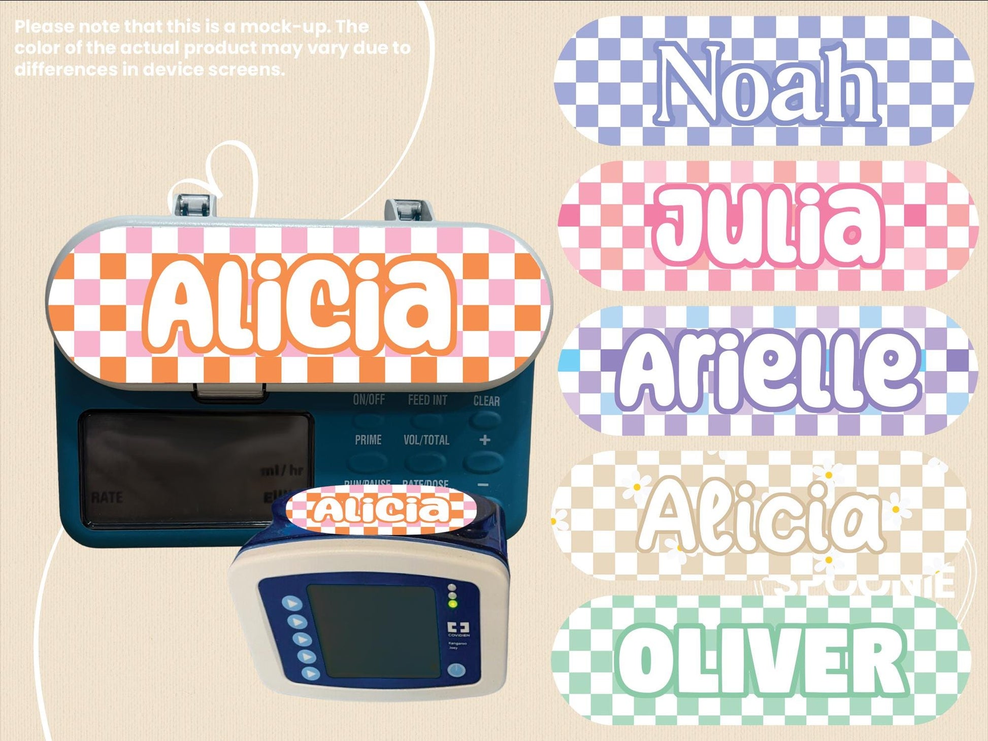 Feeding Tube Pump Sticker: Checkered Designs - Pink, Purple, Blue, Green, Beige