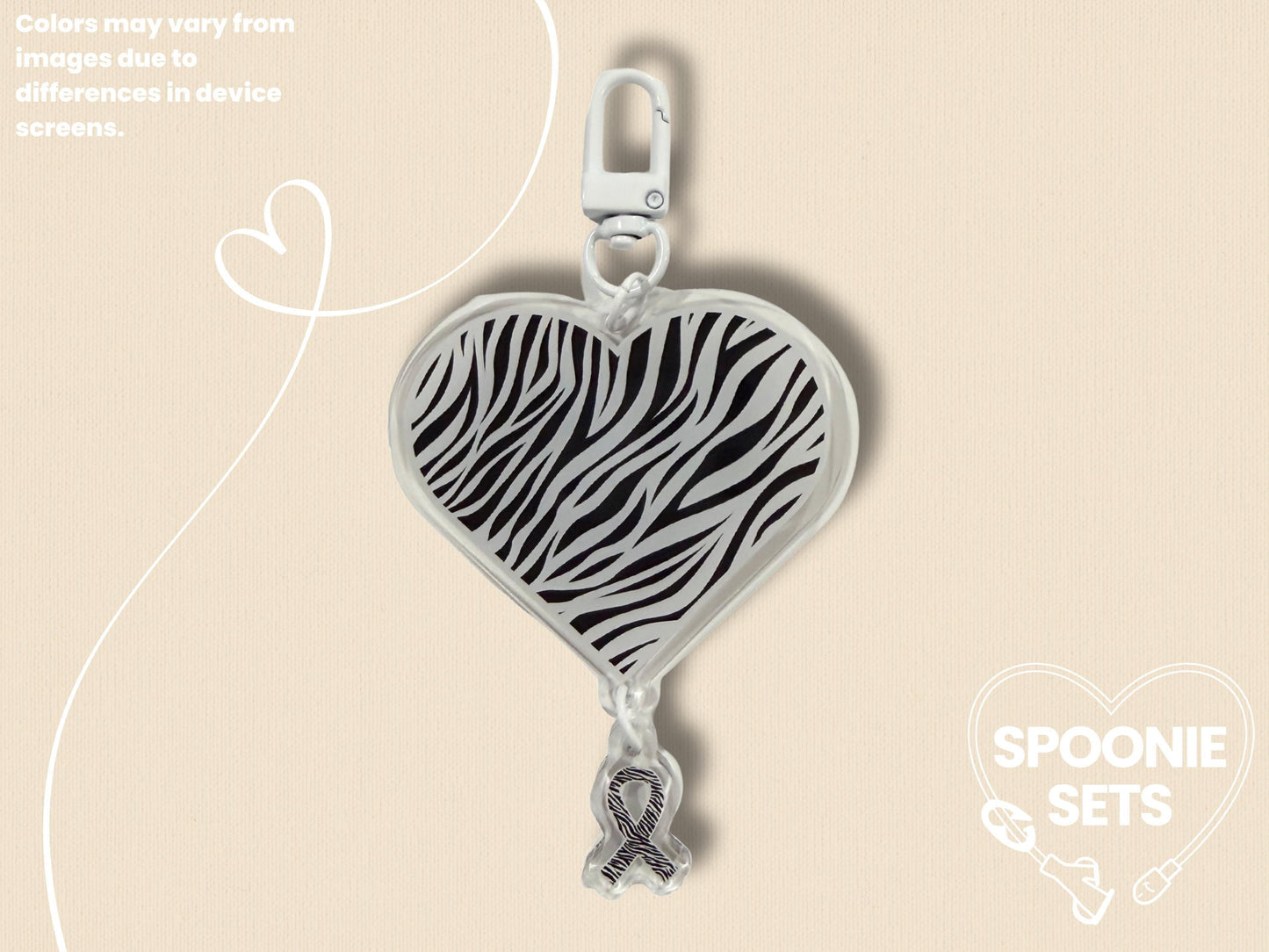 Zebra Print Heart Acrylic Charm Keychain: Rare Disease and EDS Ehlers Danlos Awareness-1-Spoonie Sets