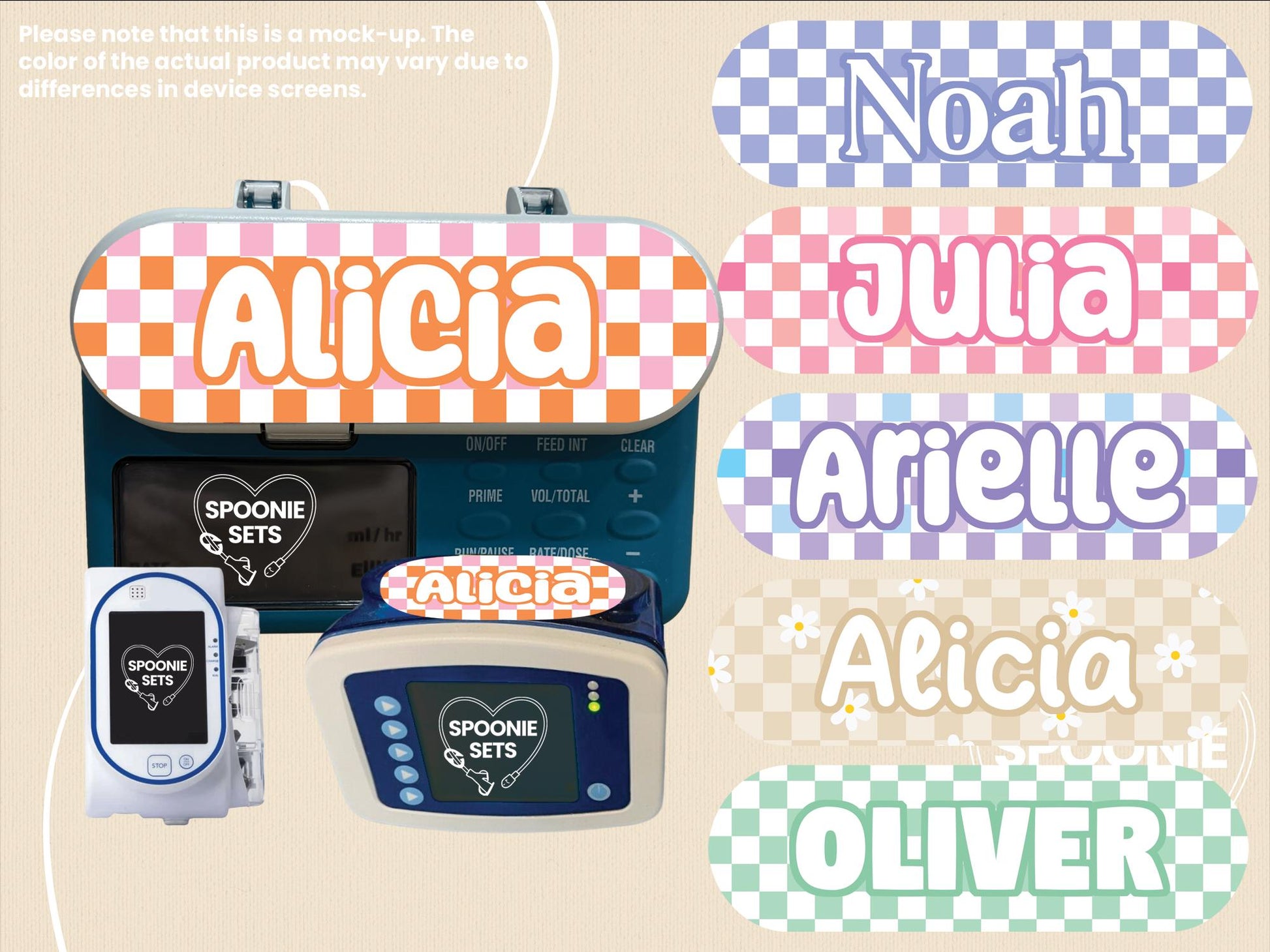 Feeding Tube TPN Pump Sticker: Checkered Designs - Pink, Purple, Blue, Green, Beige