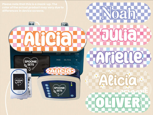 Feeding Tube TPN Pump Sticker: Checkered Designs - Pink, Purple, Blue, Green, Beige