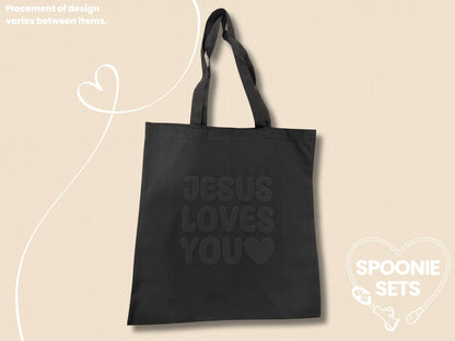 Monochrome Black Tote Bag: Jesus Loves You